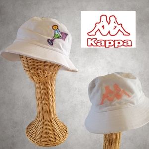 Kappa Rolling Loud Miami White Bucket Hat with airbrush sunset design.